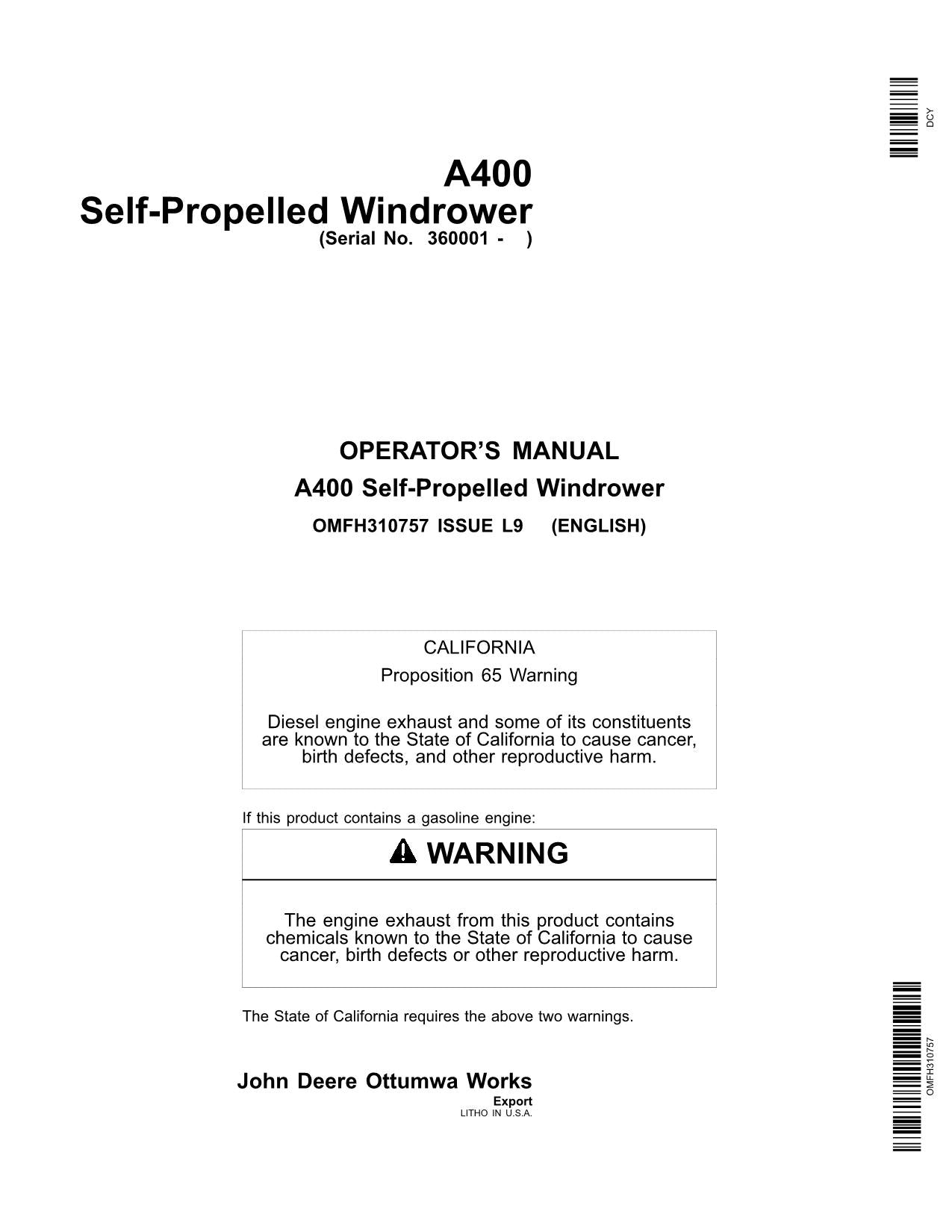 JOHN DEERE A400 WINDROWER OPERATORS MANUAL #2