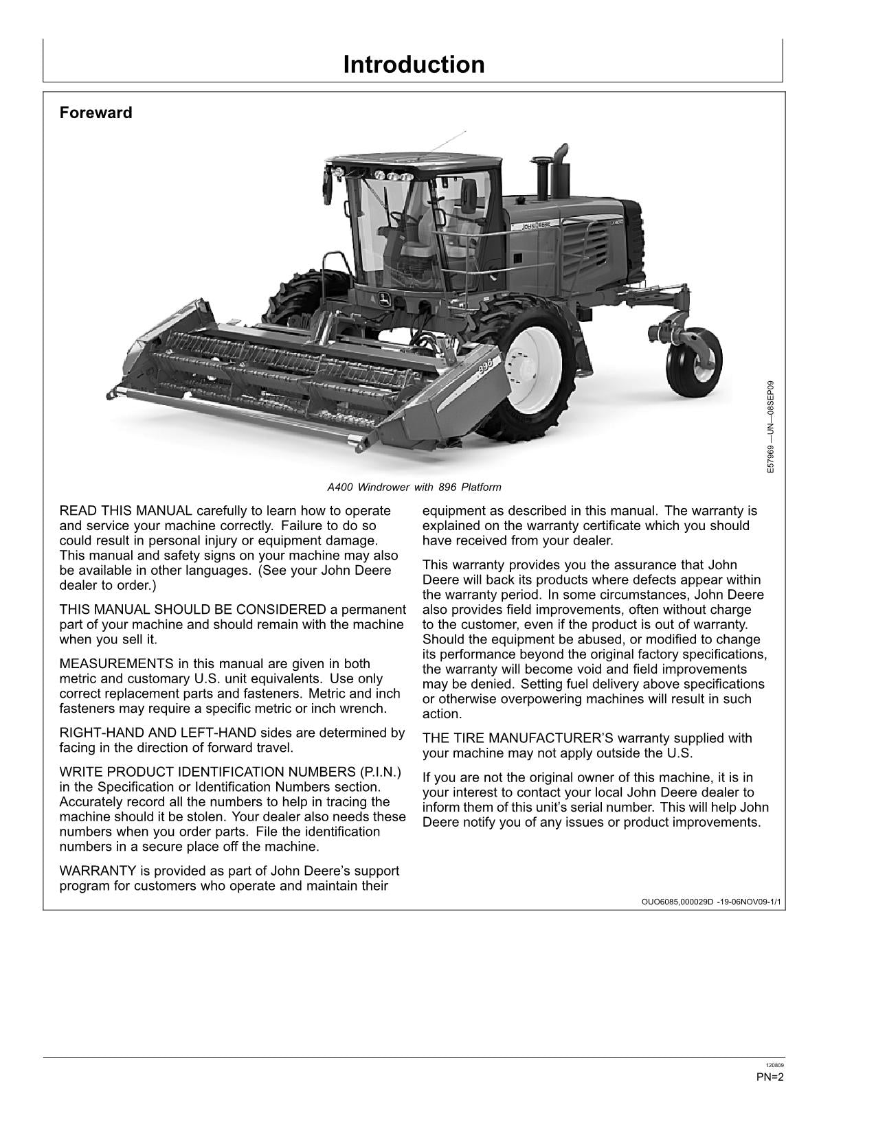 JOHN DEERE A400 WINDROWER OPERATORS MANUAL #2