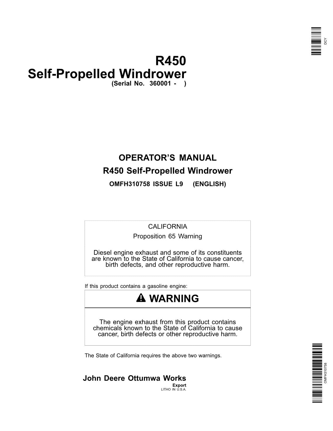 JOHN DEERE R450 WINDROWER OPERATORS MANUAL #2