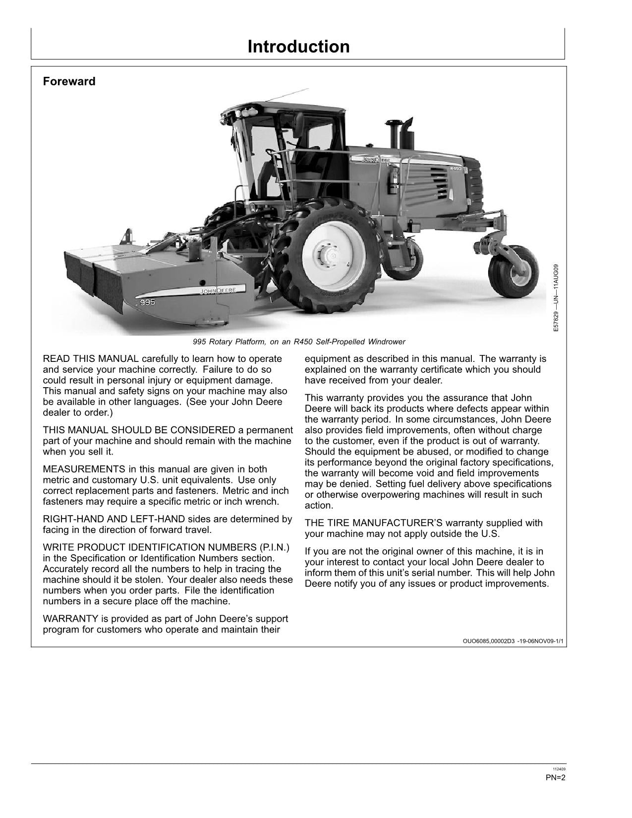 JOHN DEERE R450 WINDROWER OPERATORS MANUAL #2