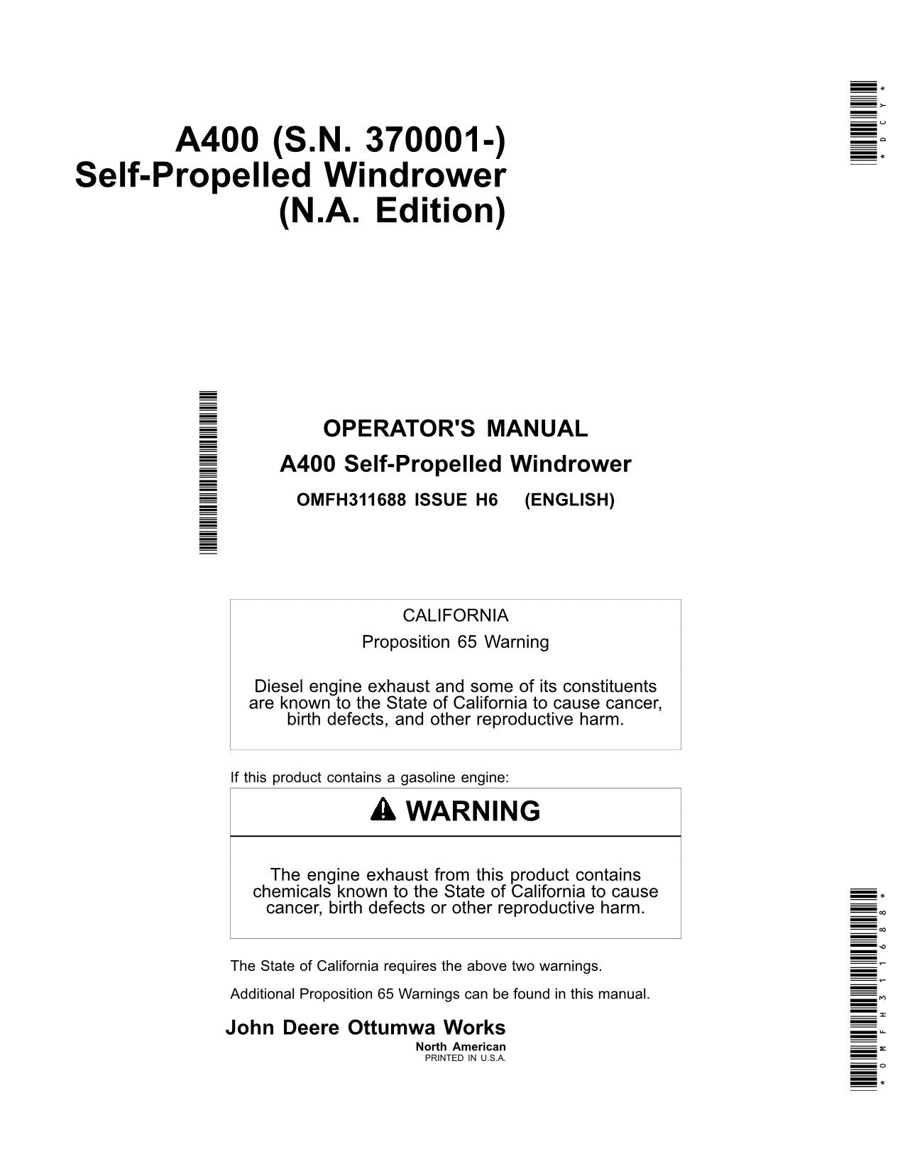 JOHN DEERE A400 WINDROWER OPERATORS MANUAL #3