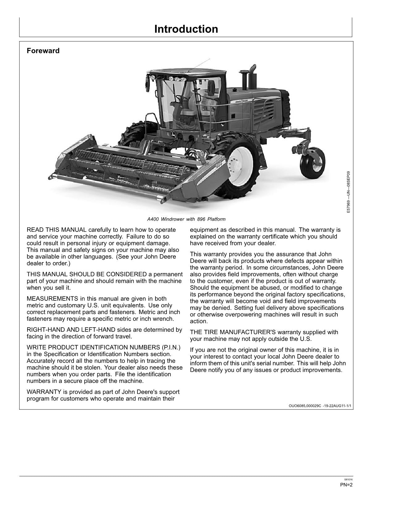 JOHN DEERE A400 WINDROWER OPERATORS MANUAL #3