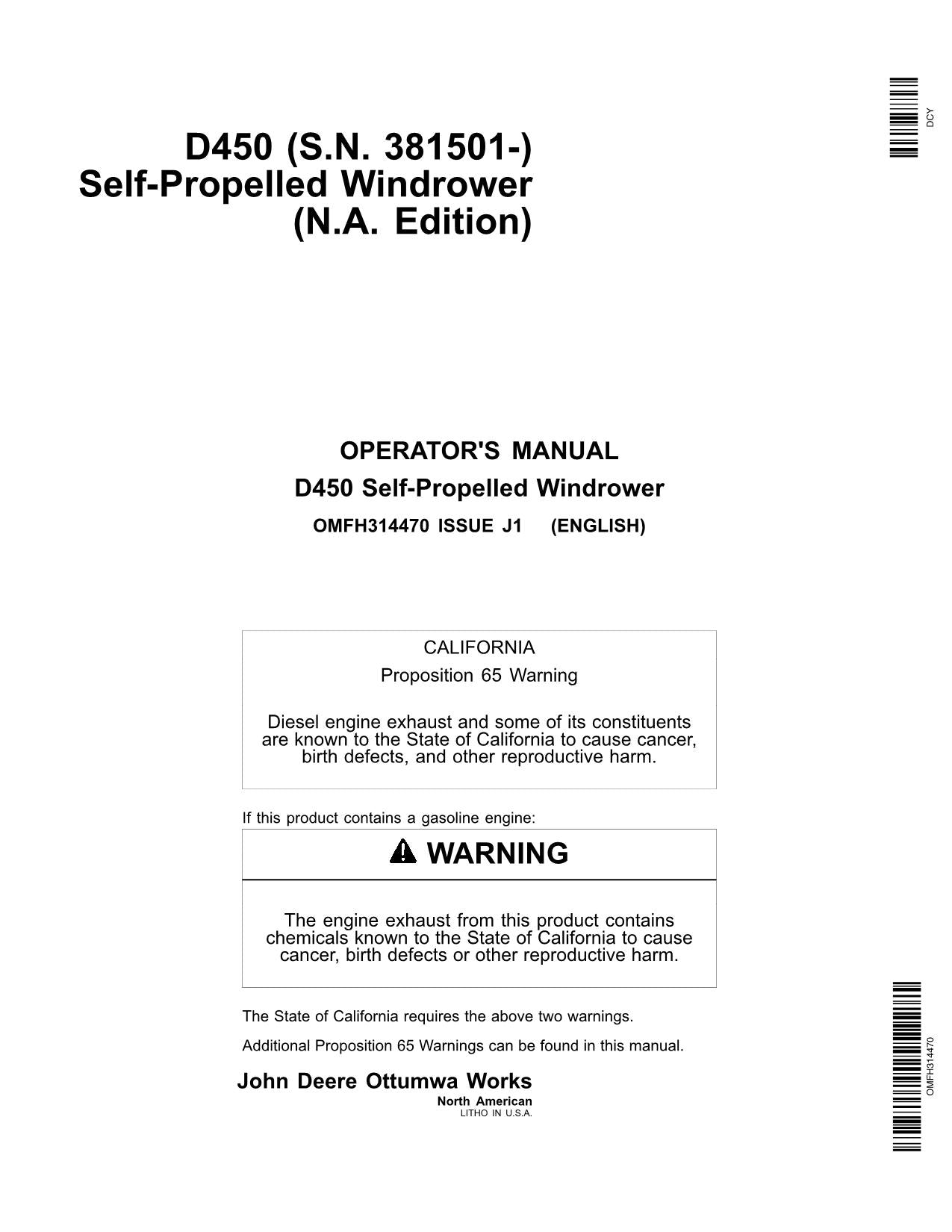 JOHN DEERE D450 WINDROWER OPERATORS MANUAL #3