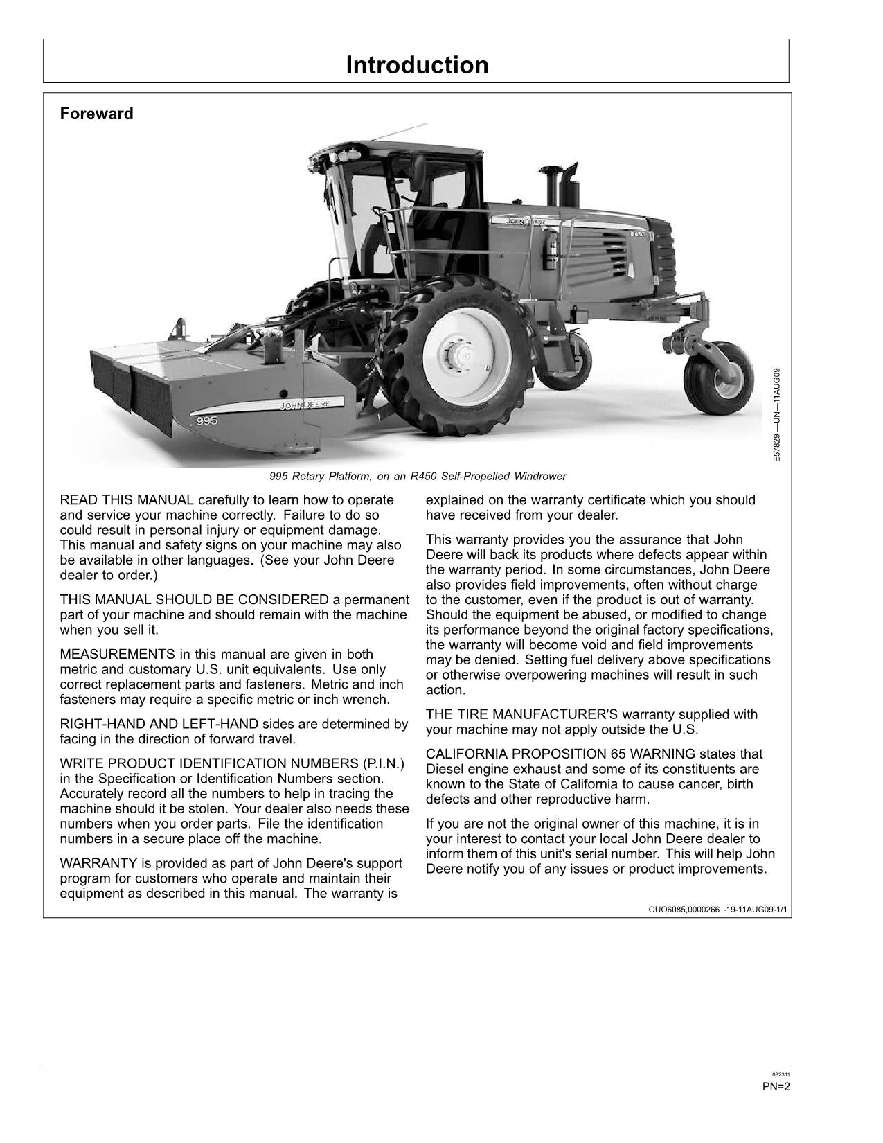 JOHN DEERE R450 WINDROWER OPERATORS MANUAL #5