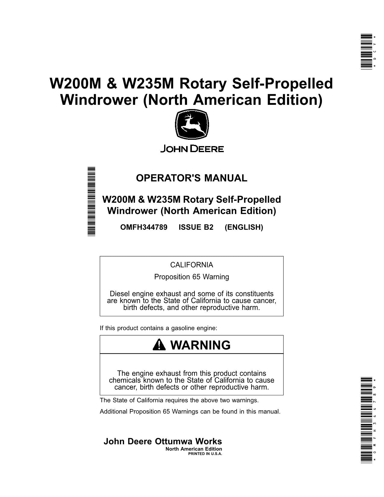 JOHN DEERE W200M W235M WINDROWER OPERATORS MANUAL #1