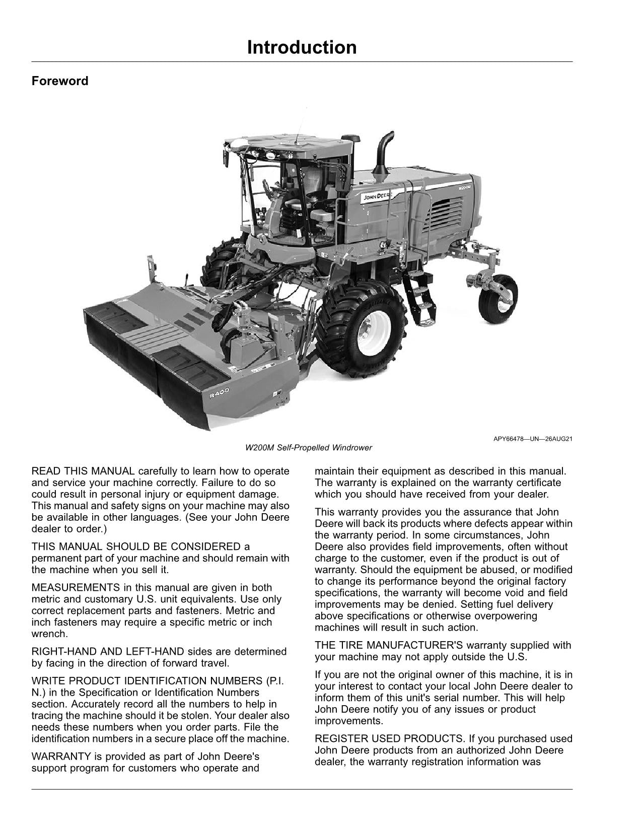 MANUEL D'UTILISATION DE L'ANDAILLEUSE JOHN DEERE W235M W200M #1