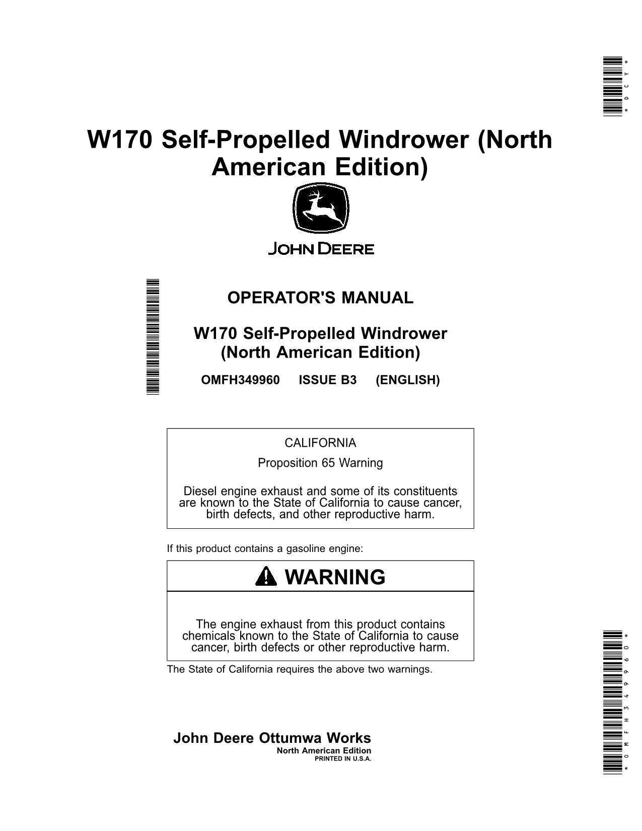 JOHN DEERE W170 WINDROWER OPERATORS MANUAL #2