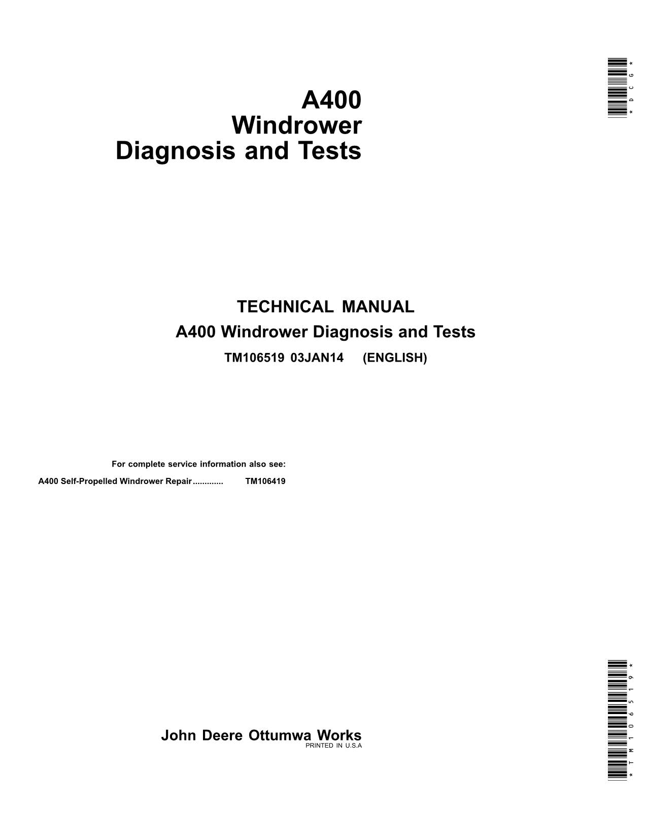 JOHN DEERE A400 WINDROWER DIAGNOSE-SERVICEHANDBUCH