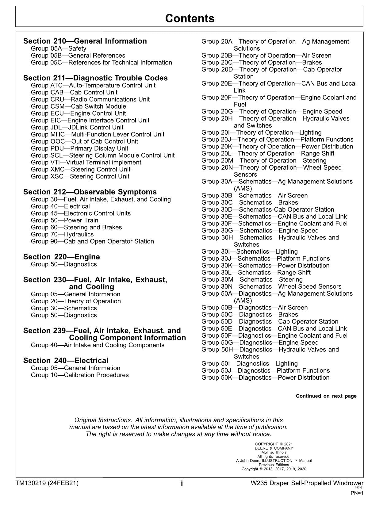 JOHN DEERE 625D 630D 635D 640D W235 WINDROWER REPAIR SERVICE MANUAL TM130219