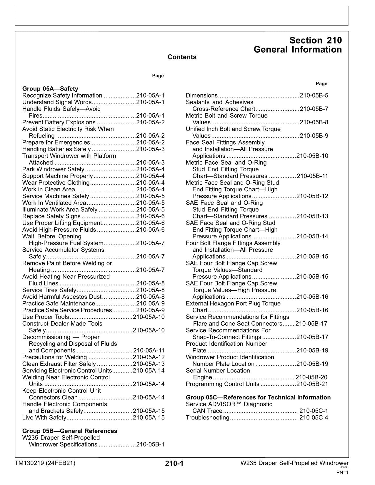 JOHN DEERE 625D 630D 635D 640D W235 WINDROWER REPAIR SERVICE MANUAL TM130219