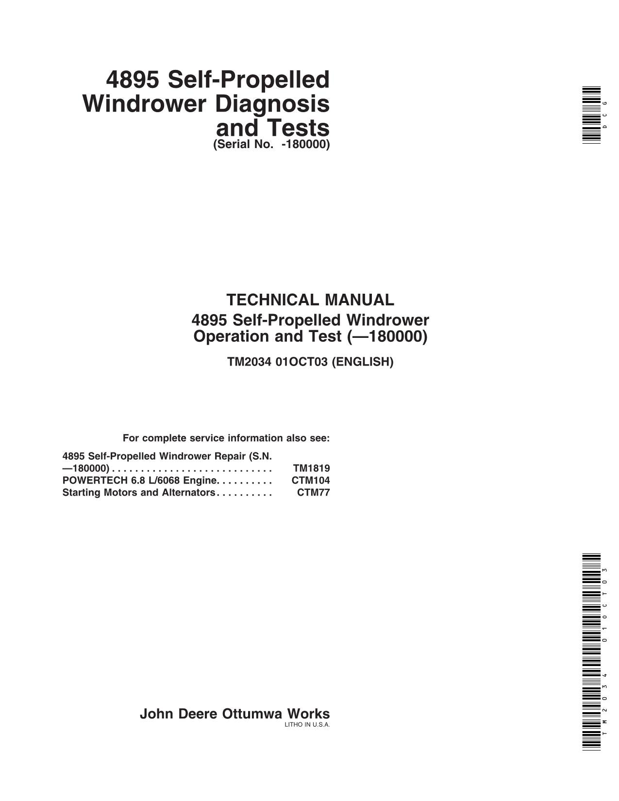 MANUEL D'ENTRETIEN ET DE DIAGNOSTIC DE L'ANDAINEUSE JOHN DEERE 4895 #1