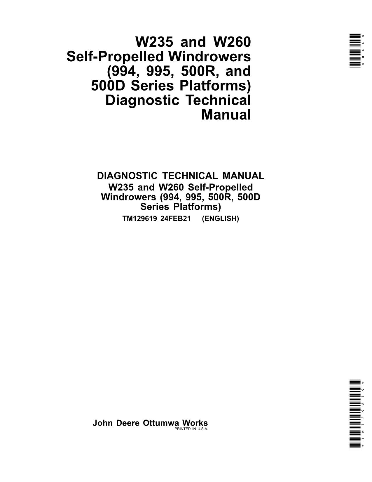 JOHN DEERE W235 W260 525D 530D 536D WINDROWER SERVICEHANDBUCH