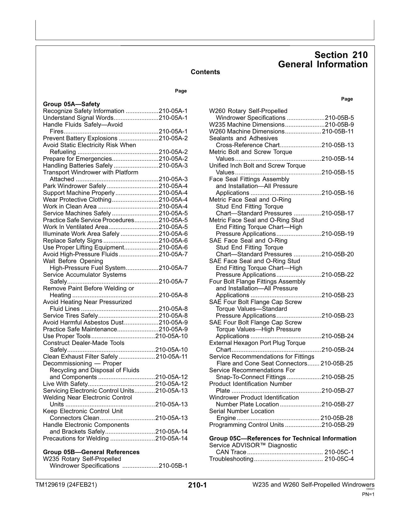 JOHN DEERE W235 W260 525D 530D 536D WINDROWER SERVICEHANDBUCH