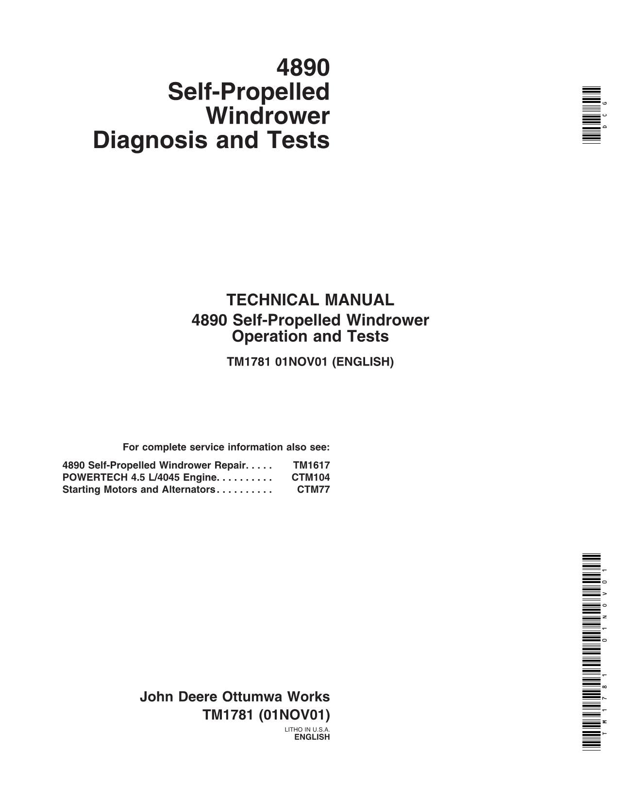 JOHN DEERE 4890 WINDROWER-BETRIEBSTEST-SERVICEHANDBUCH