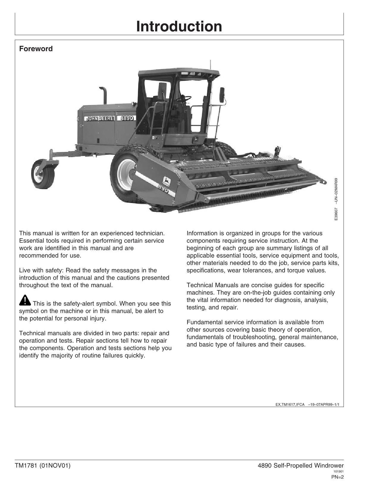 MANUEL D'ENTRETIEN ET DE TEST DE FONCTIONNEMENT DE L'ANDAINEUSE JOHN DEERE 4890