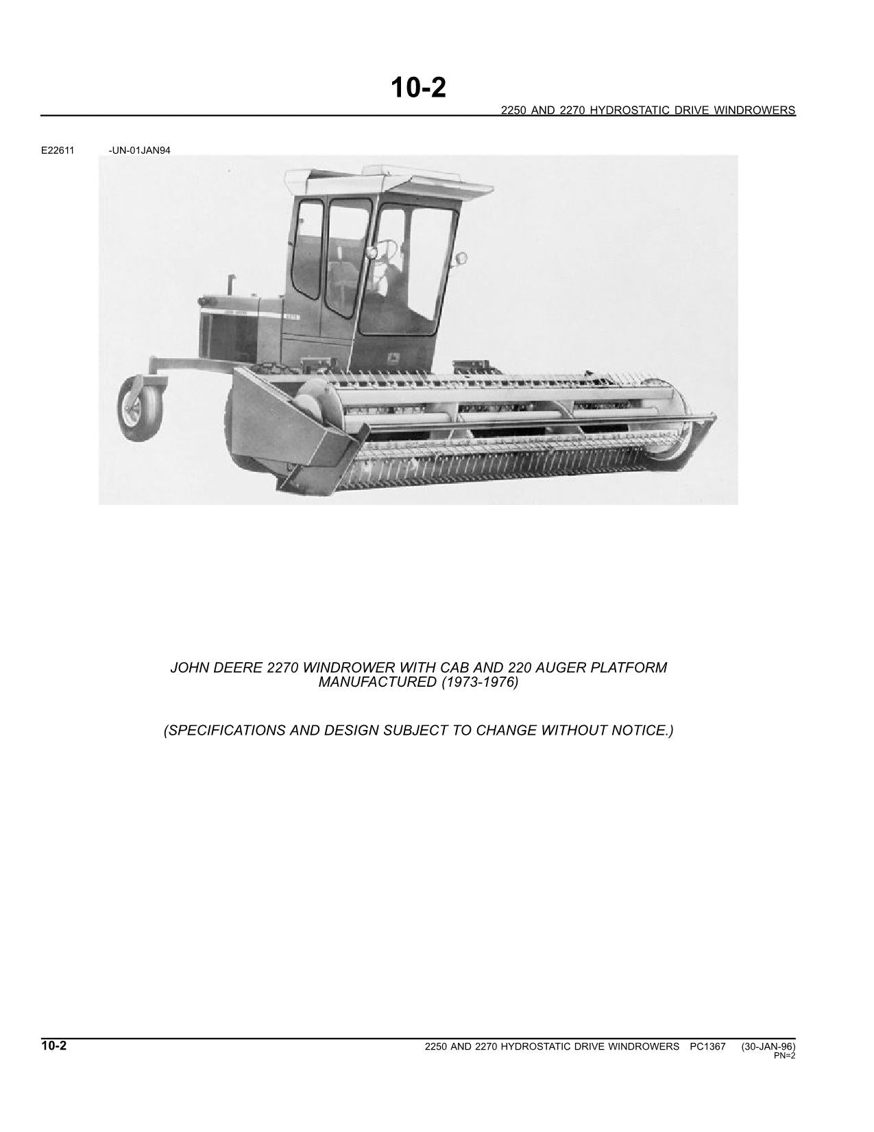 JOHN DEERE 2250 2270 WINDROWER PARTS CATALOG MANUAL #1