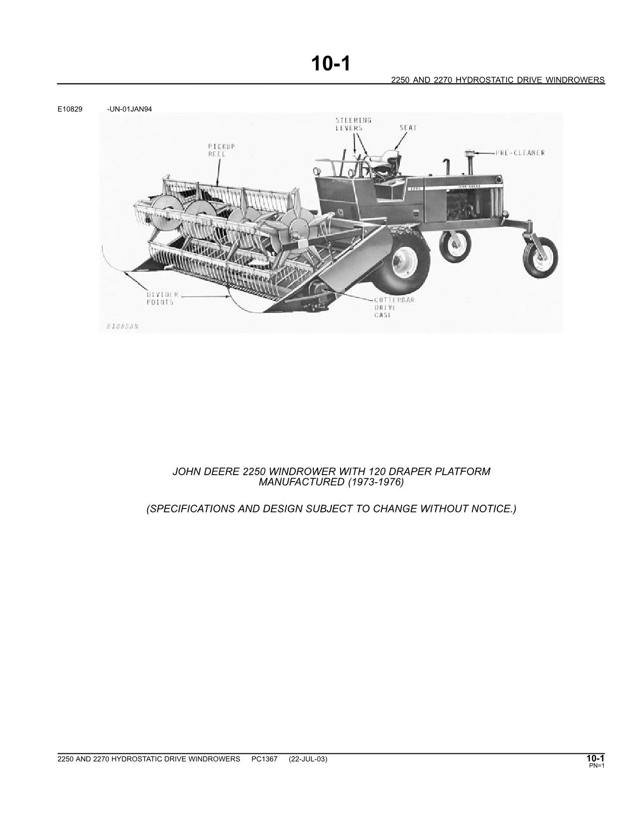 JOHN DEERE 2250 2270 WINDROWER ERSATZTEILKATALOGHANDBUCH #1