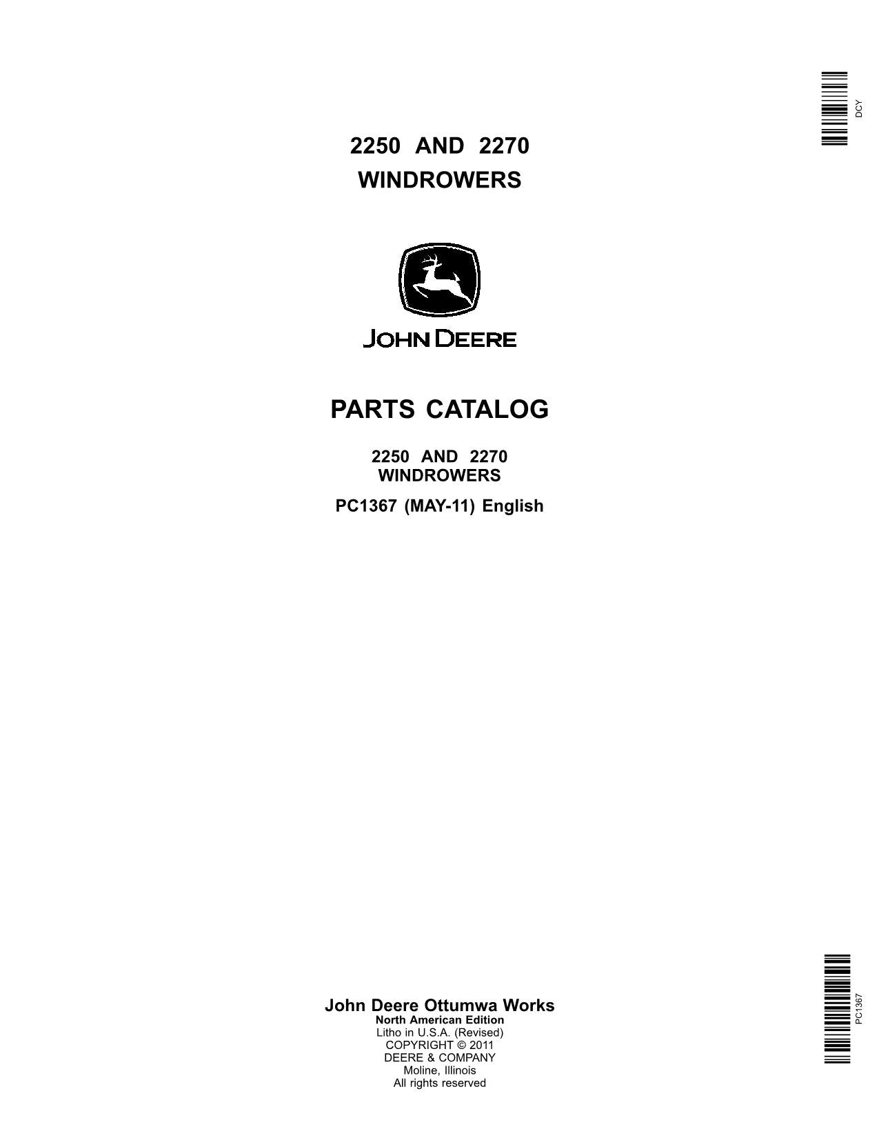 JOHN DEERE 2250 2270 WINDROWER PARTS CATALOG MANUAL #1