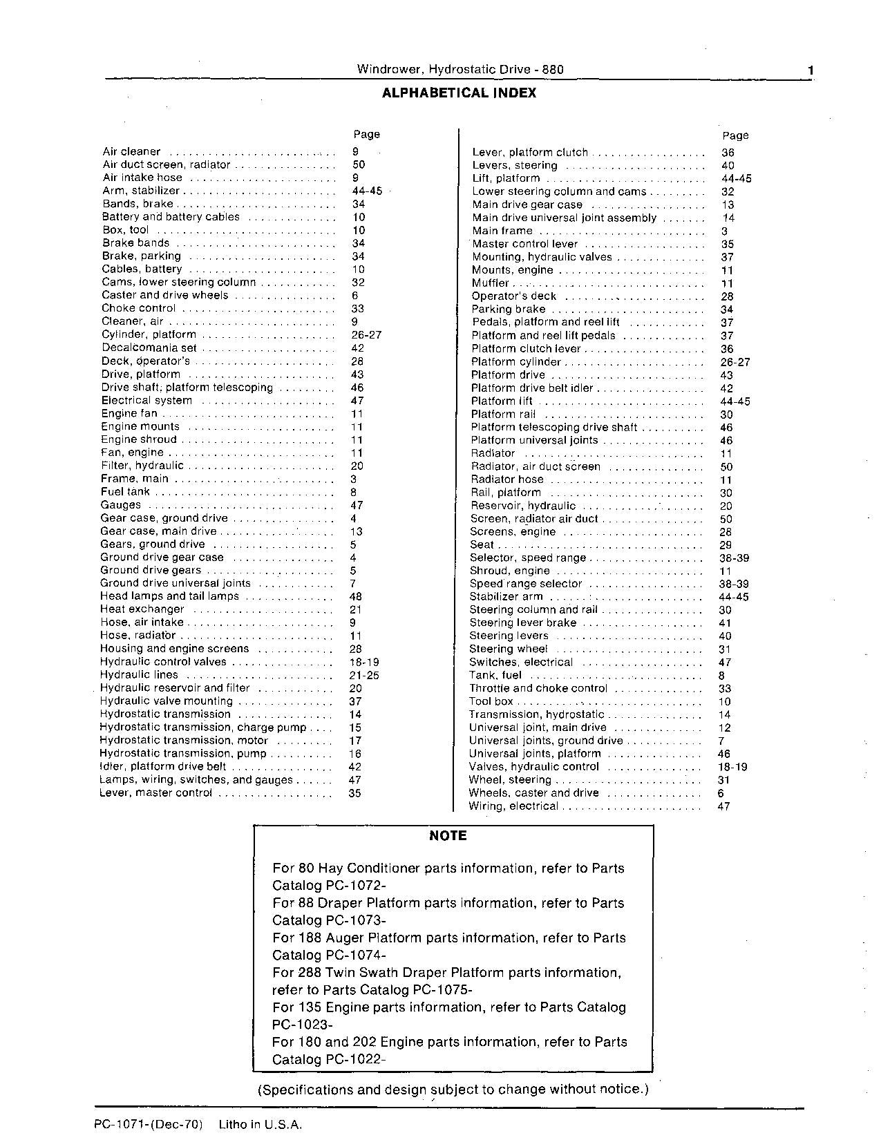 JOHN DEERE 880 WINDROWER PARTS CATALOG MANUAL #1