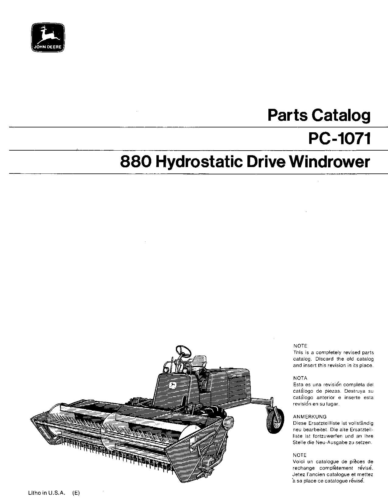 JOHN DEERE 880 WINDROWER PARTS CATALOG MANUAL #1