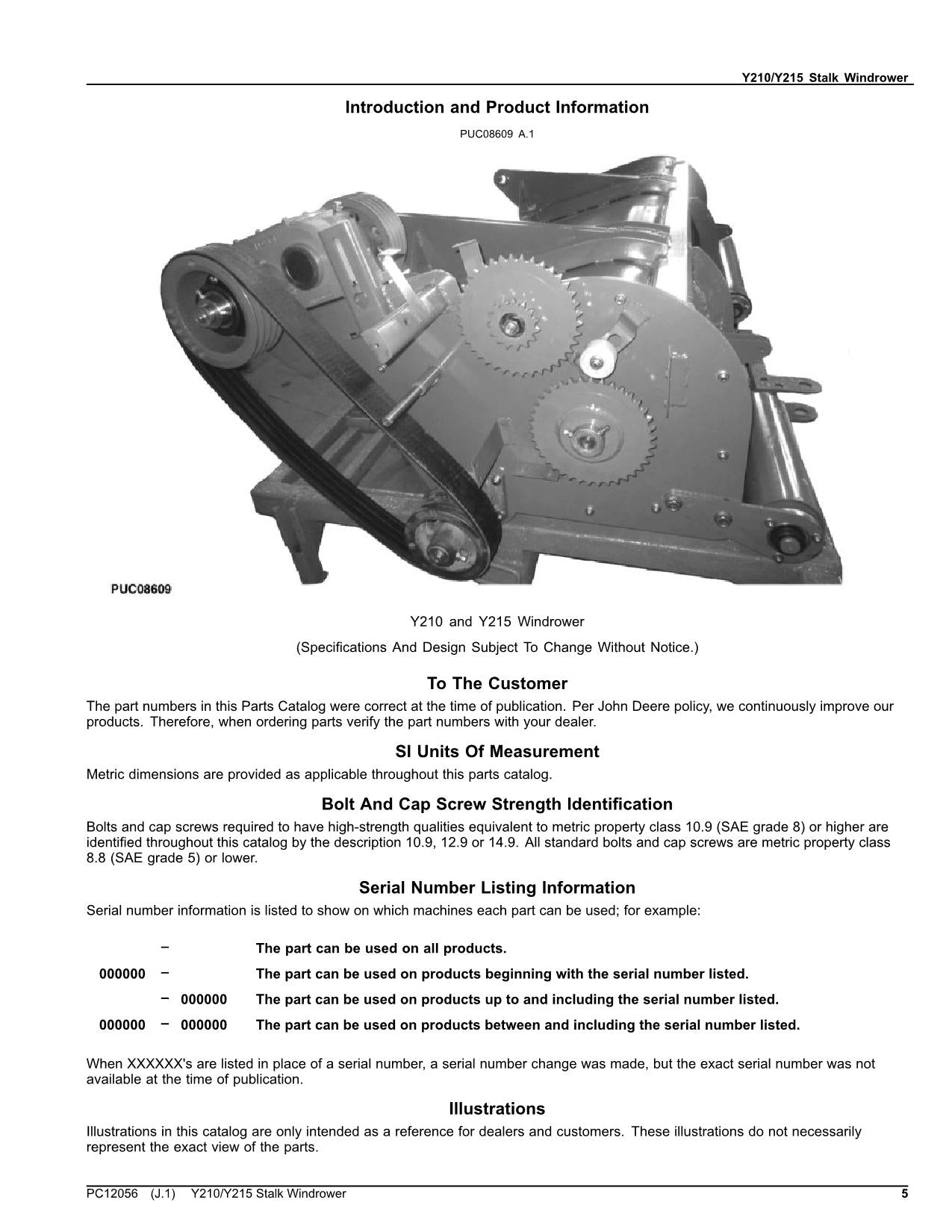 JOHN DEERE Y210 Y215 WINDROWER ERSATZTEILKATALOGHANDBUCH