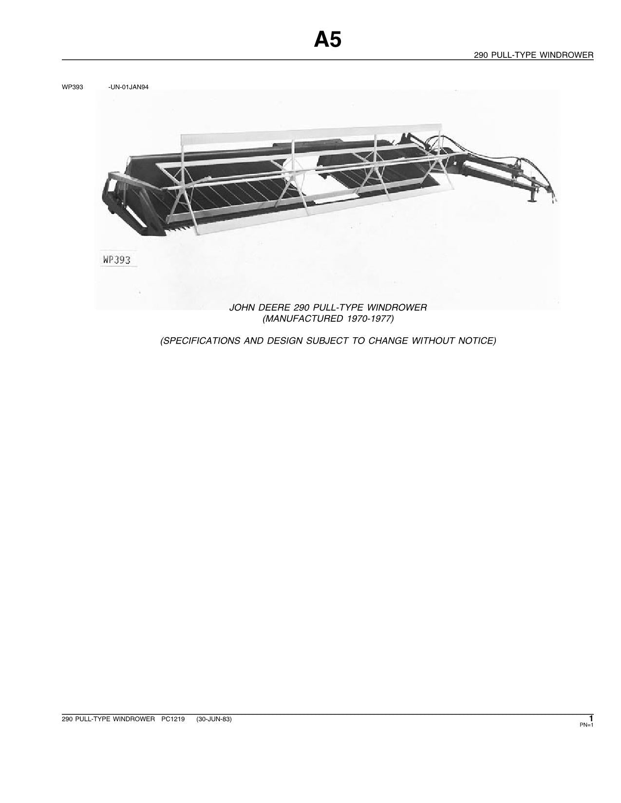 JOHN DEERE 290 WINDROWER ERSATZTEILKATALOGHANDBUCH