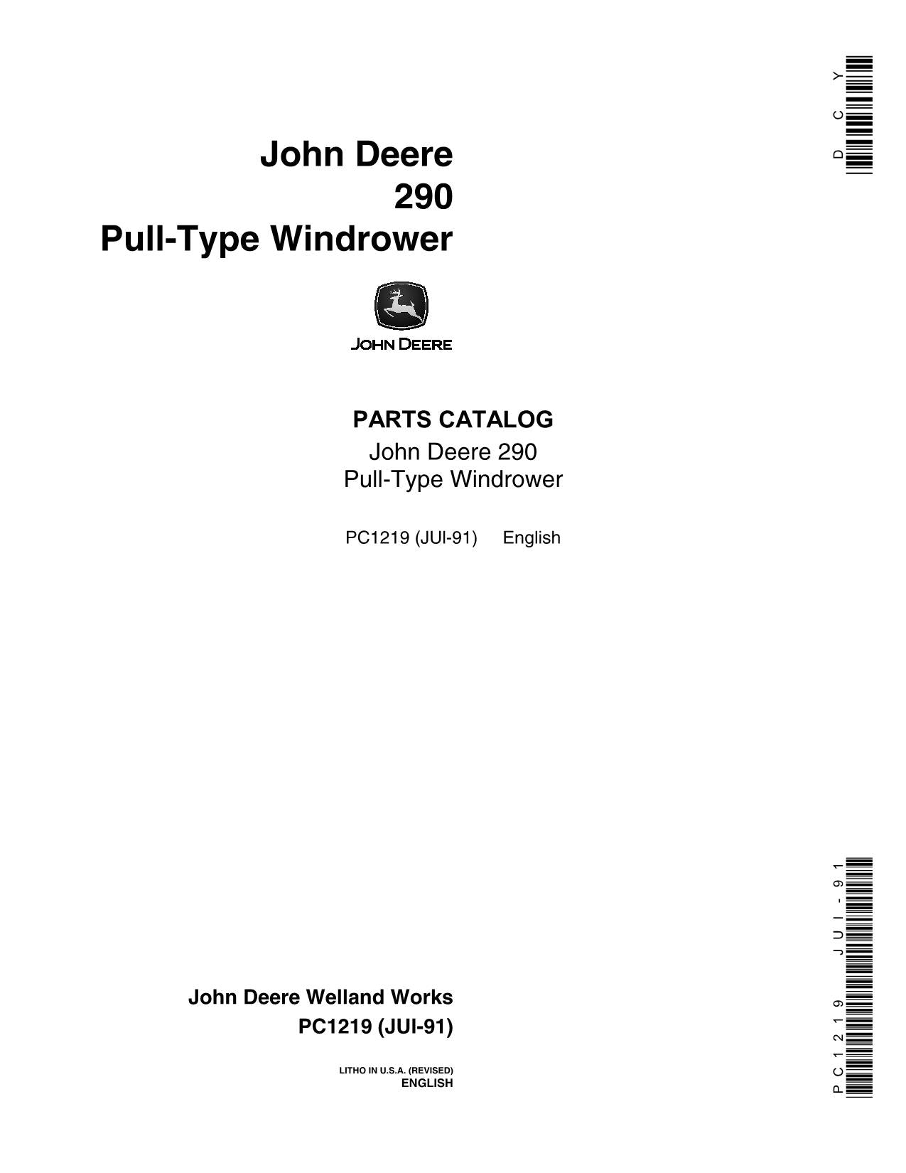 JOHN DEERE 290 WINDROWER ERSATZTEILKATALOGHANDBUCH