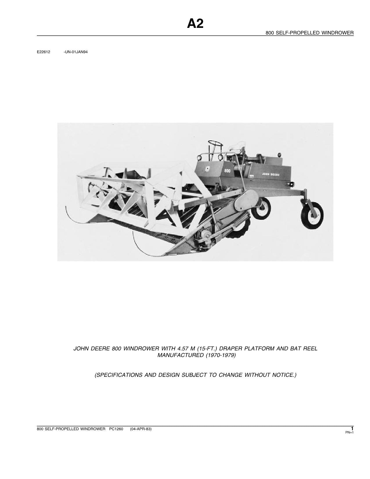 JOHN DEERE 800 WINDROWER PARTS CATALOG MANUAL