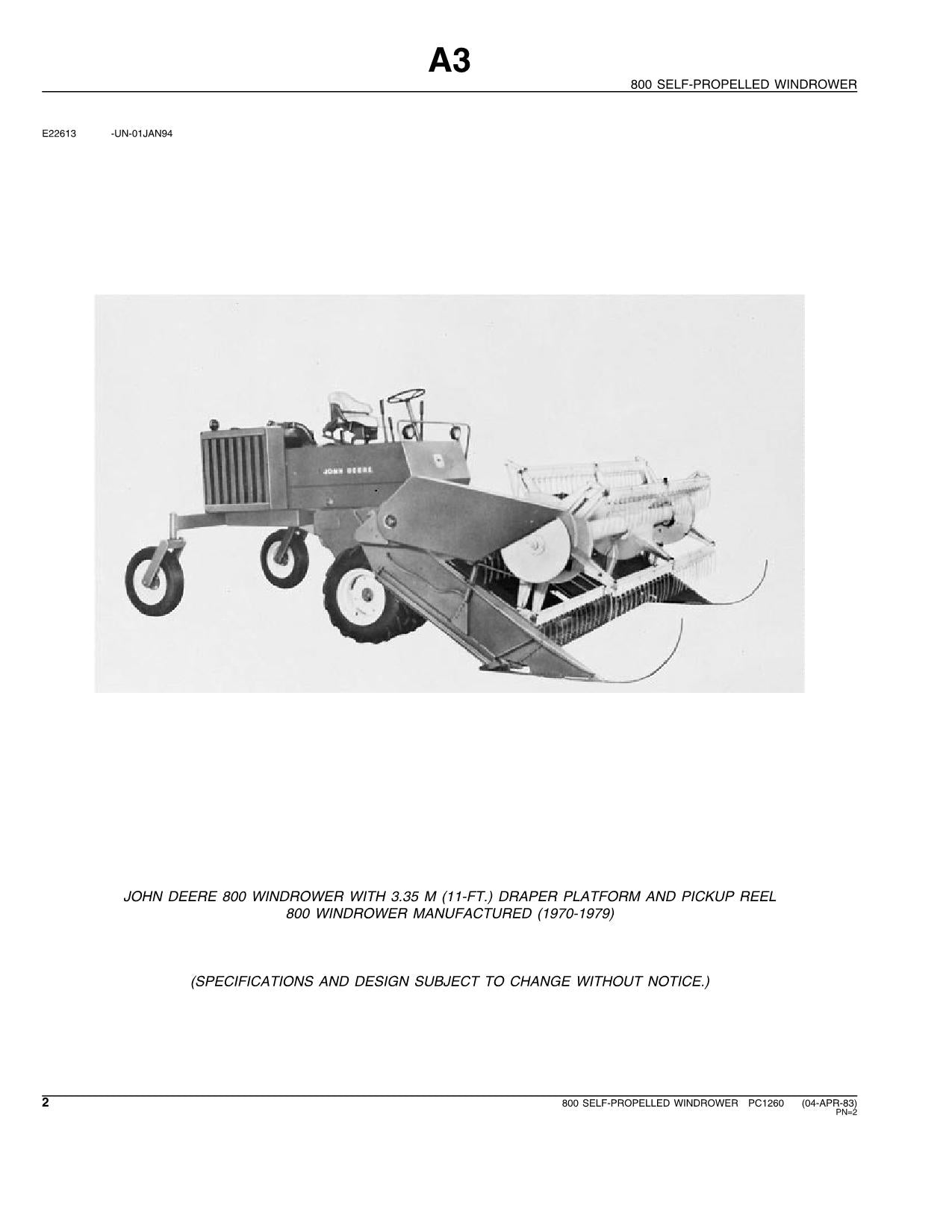 JOHN DEERE 800 WINDROWER PARTS CATALOG MANUAL