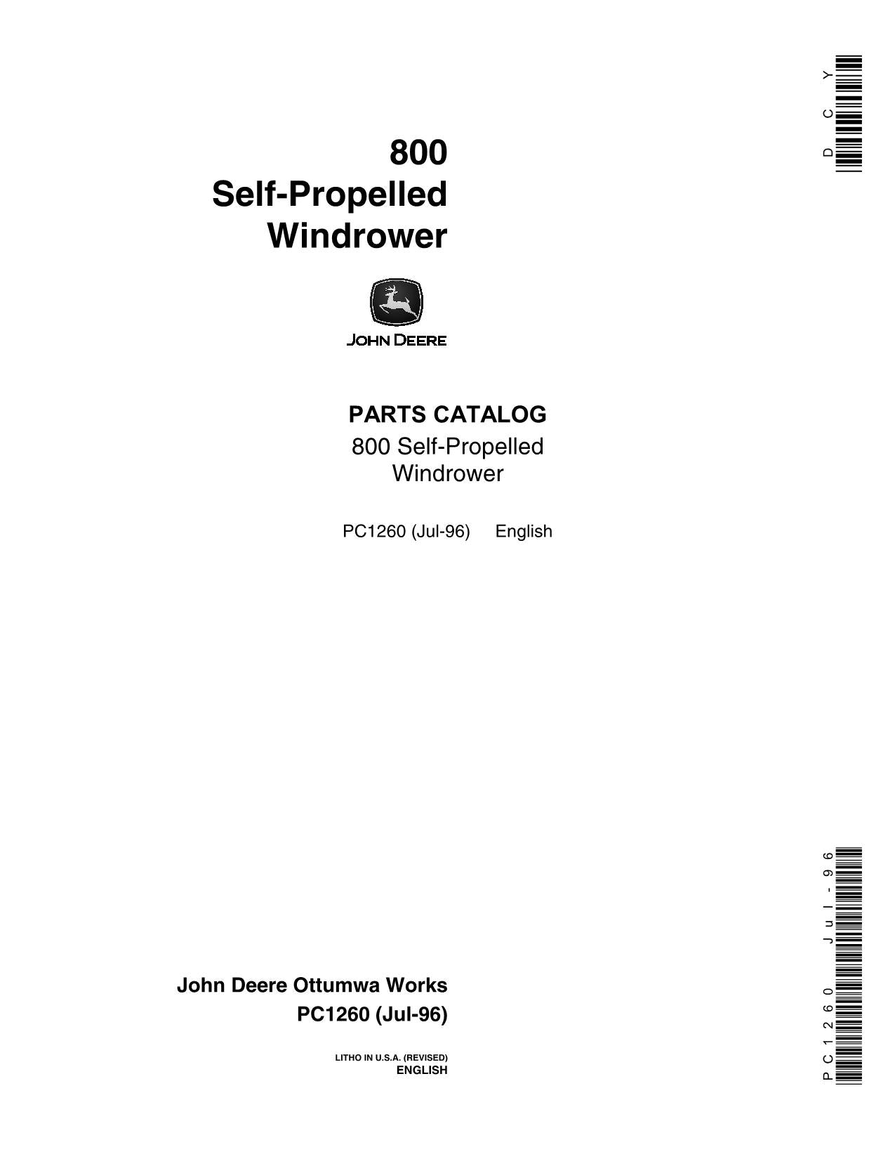 JOHN DEERE 800 WINDROWER PARTS CATALOG MANUAL