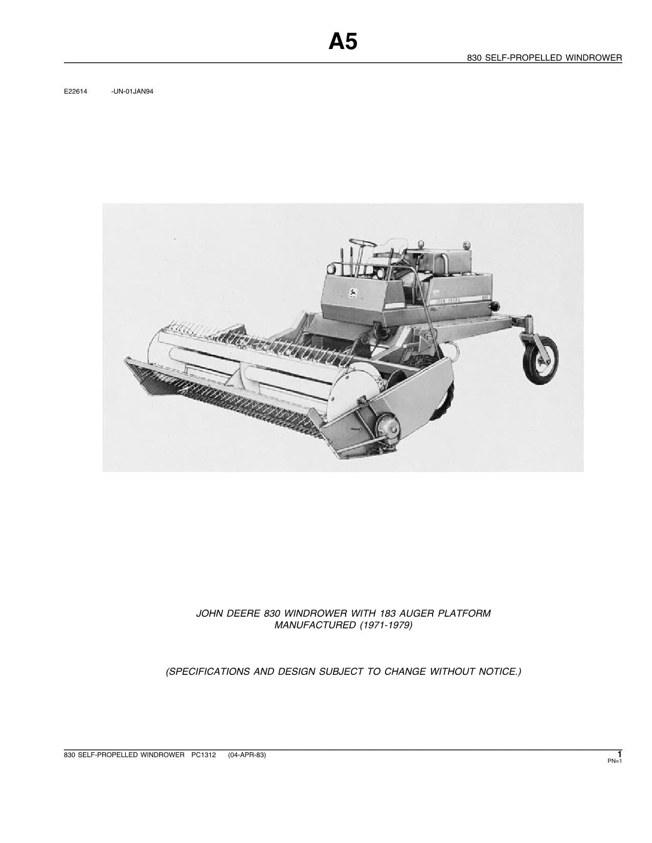 JOHN DEERE 830 WINDROWER PARTS CATALOG MANUAL #1