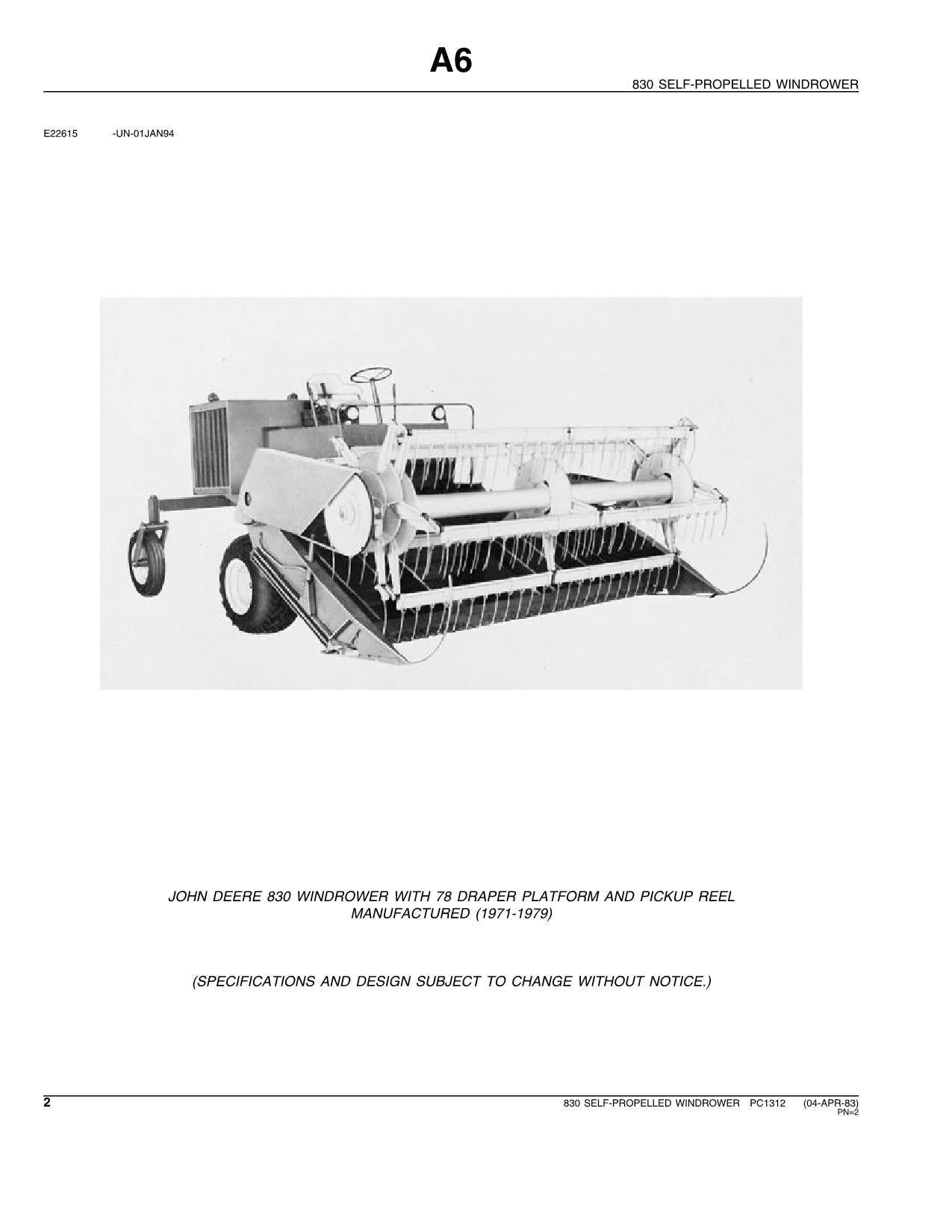 JOHN DEERE 830 WINDROWER PARTS CATALOG MANUAL #1