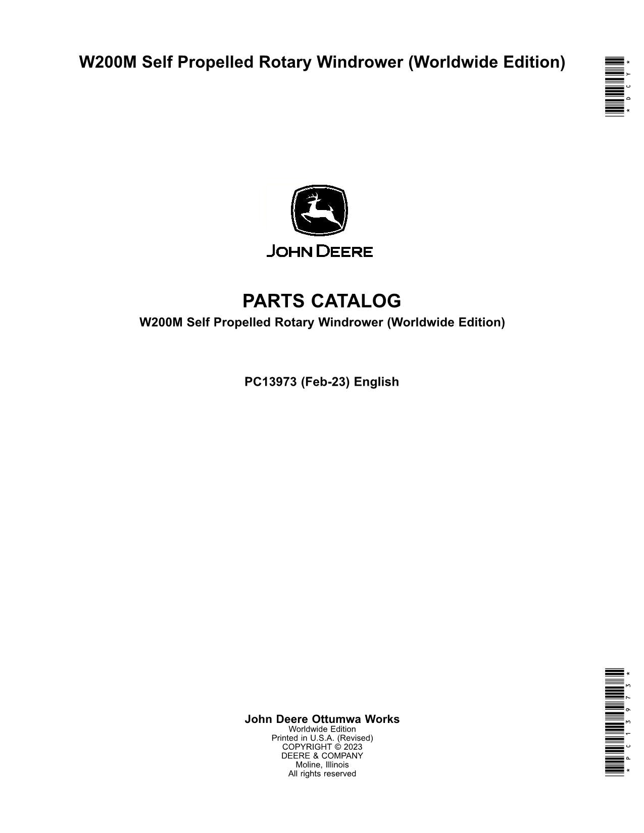 JOHN DEERE W200M WINDROWER PARTS CATALOG MANUAL