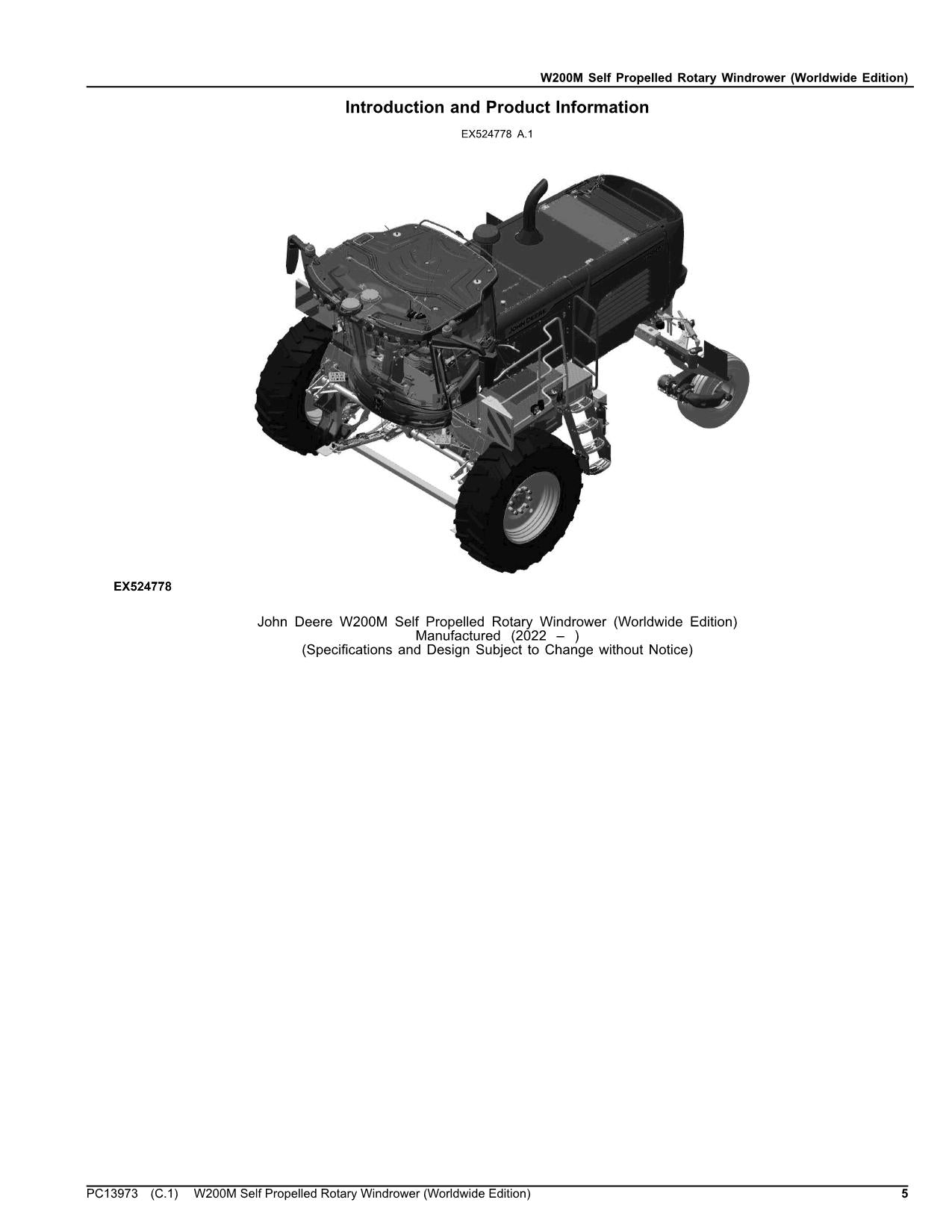 JOHN DEERE W200M WINDROWER PARTS CATALOG MANUAL