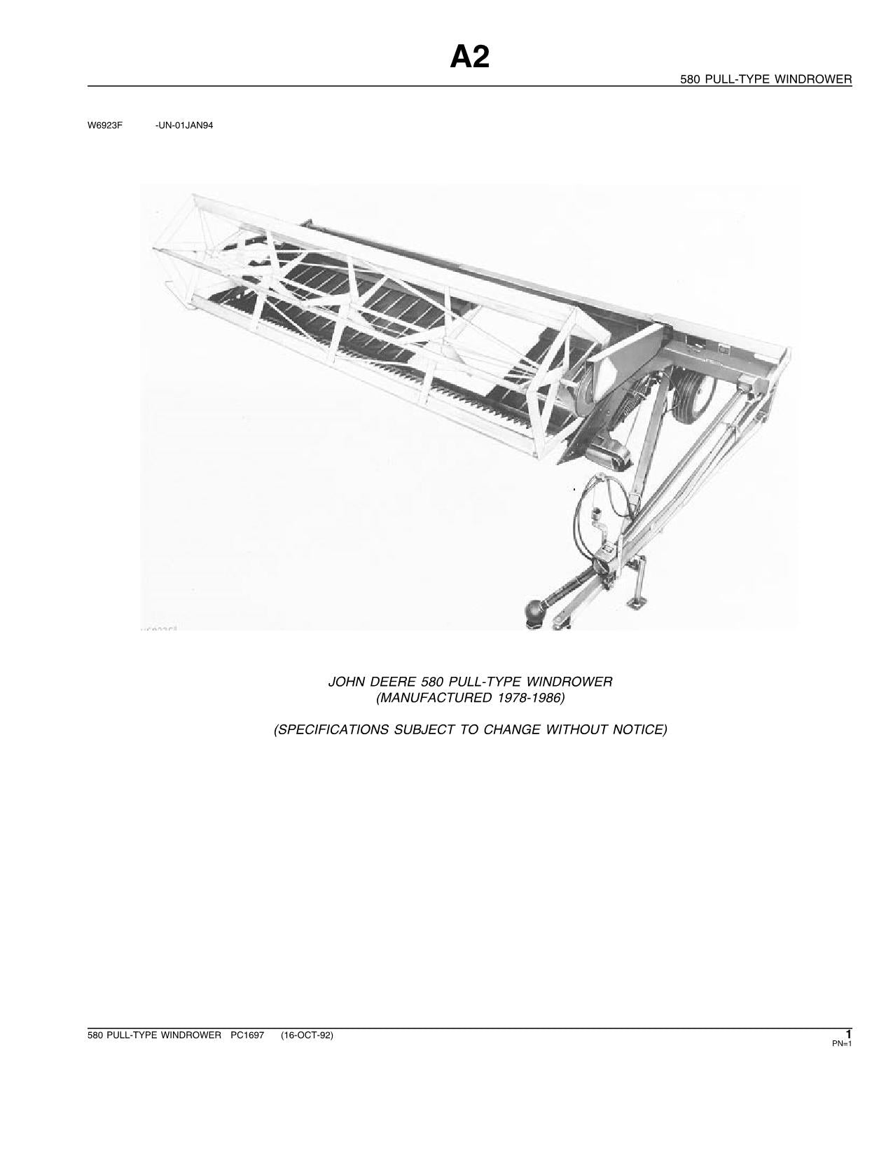 JOHN DEERE 580 WINDROWER PARTS CATALOG MANUAL