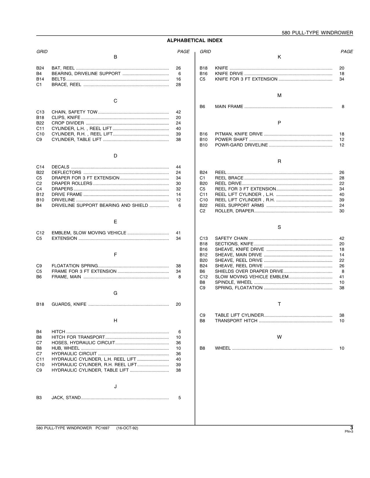 JOHN DEERE 580 WINDROWER PARTS CATALOG MANUAL