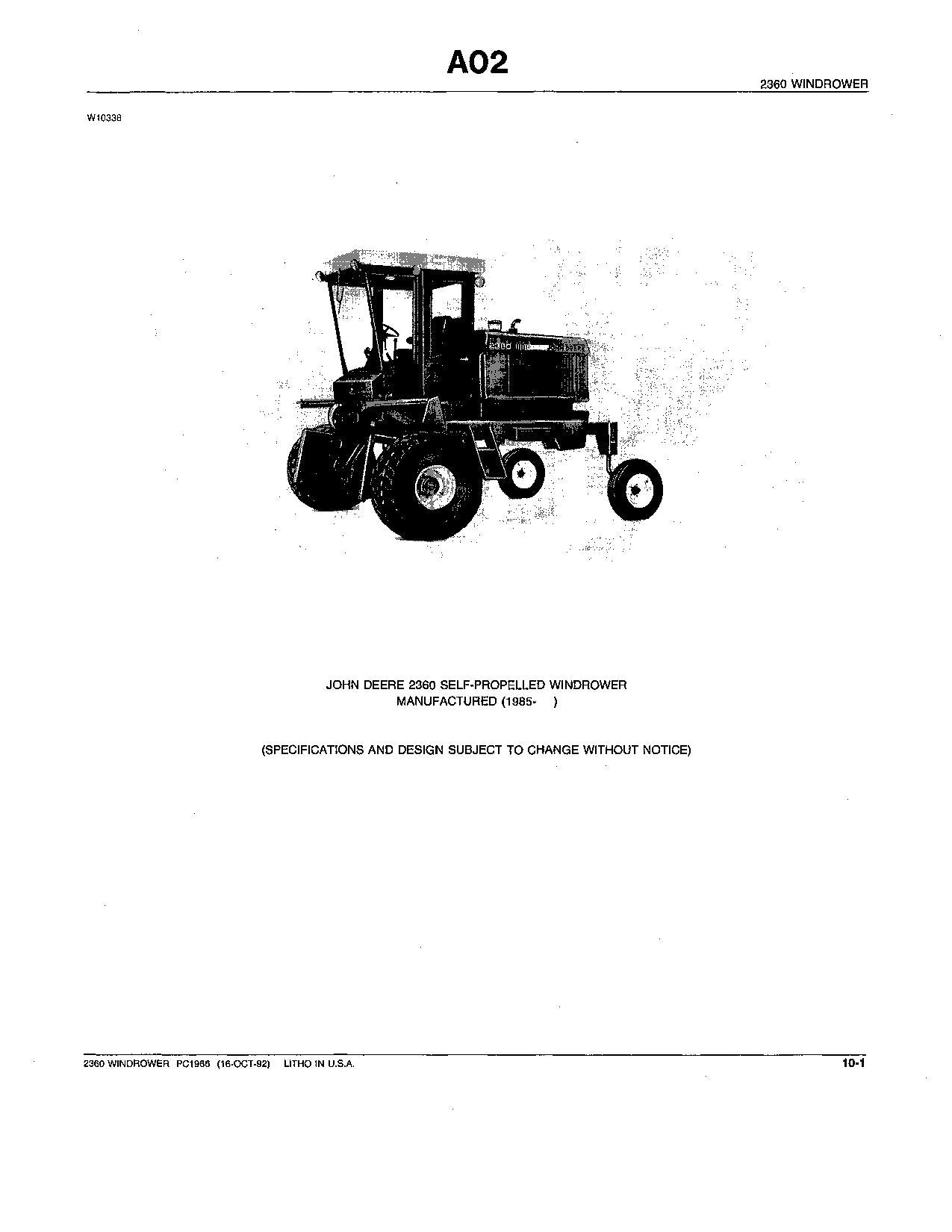 JOHN DEERE 2360 WINDROWER PARTS CATALOG MANUAL