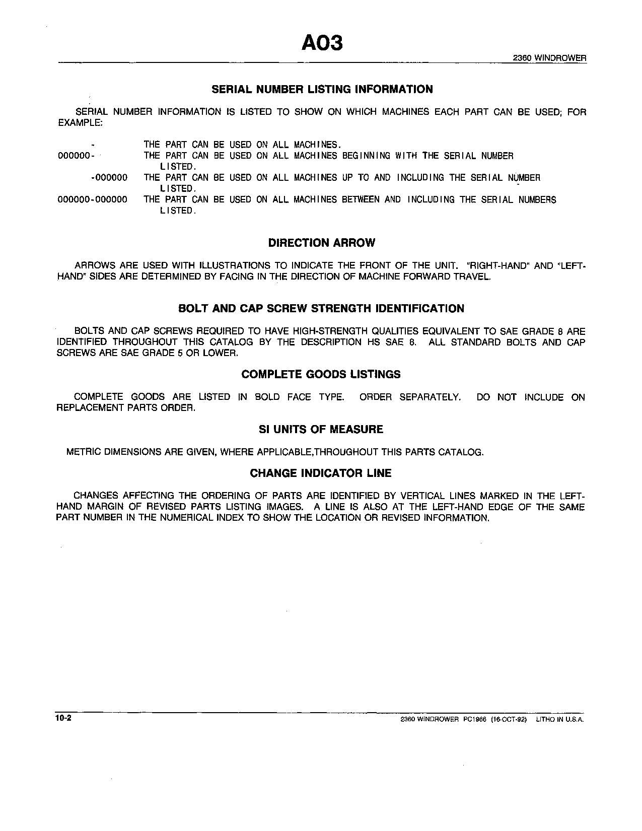 JOHN DEERE 2360 WINDROWER PARTS CATALOG MANUAL