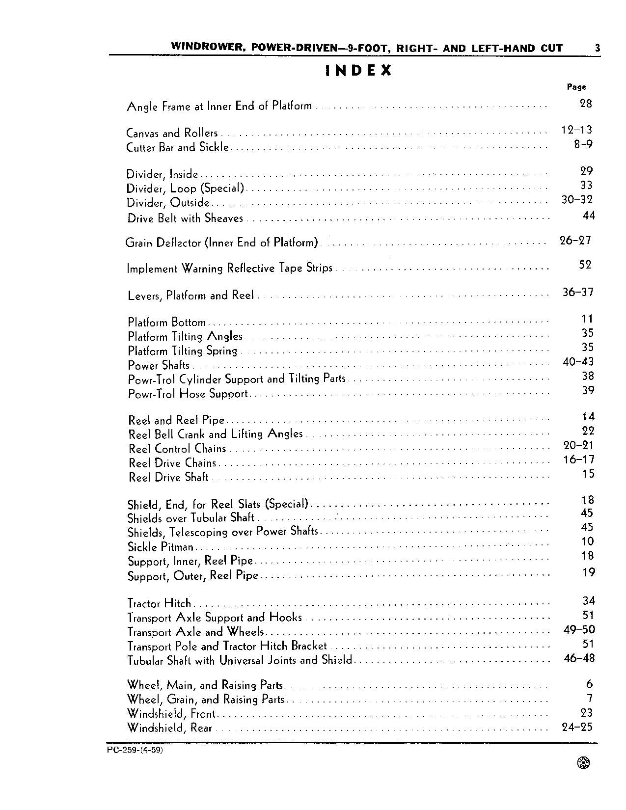 JOHN DEERE 9 FOOT WINDROWER PARTS CATALOG MANUAL