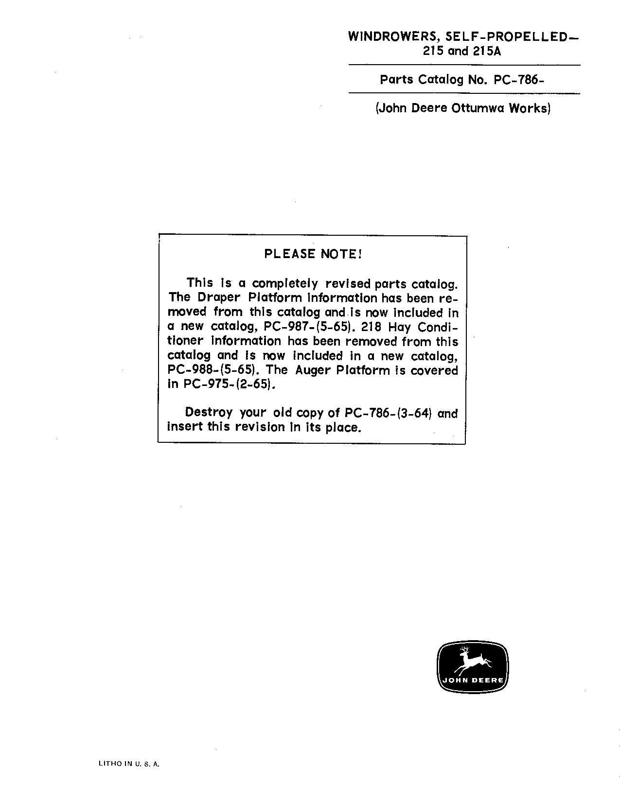 JOHN DEERE 215 215A 4425 WINDROWER ERSATZTEILKATALOGHANDBUCH