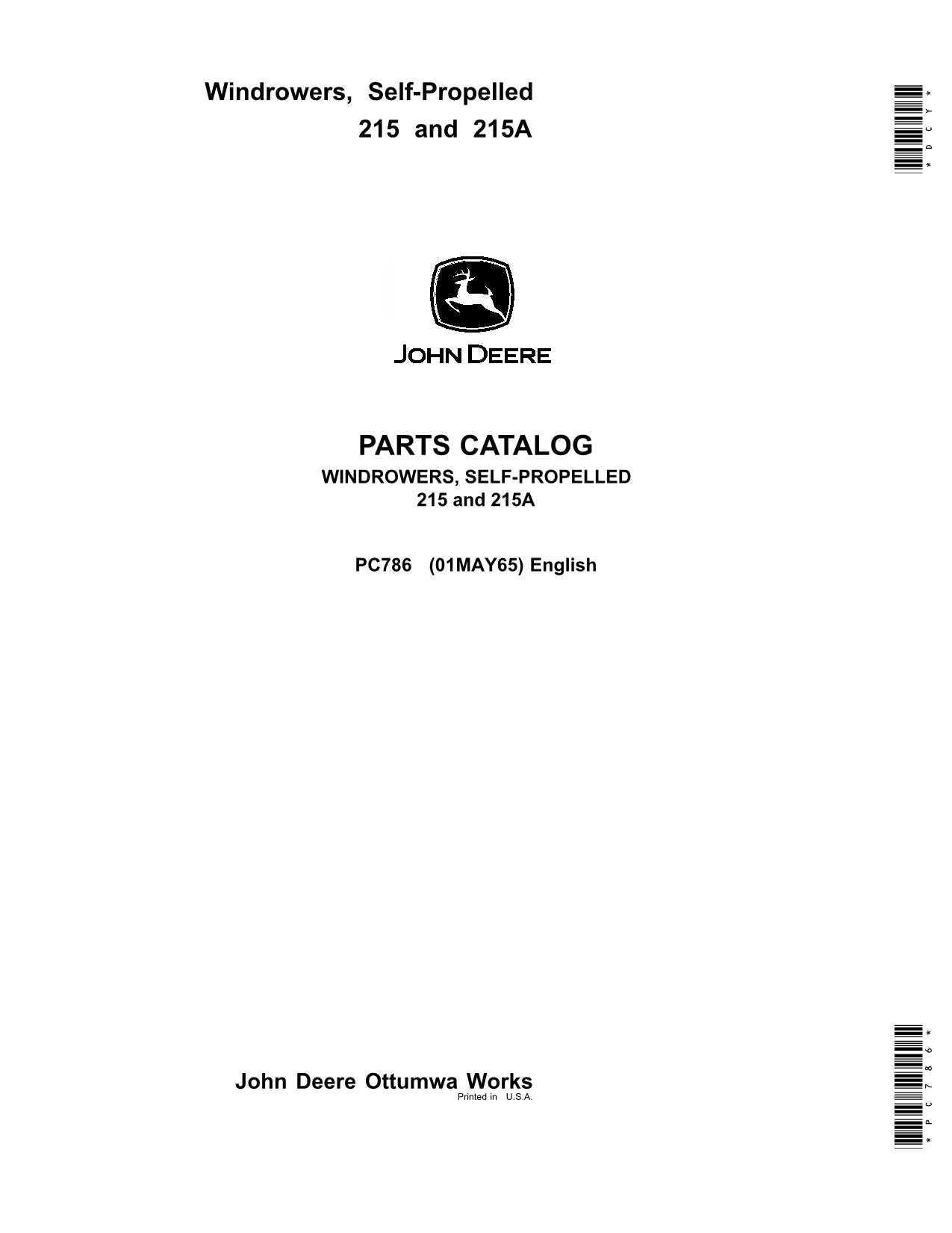 JOHN DEERE 215 215A 4425 WINDROWER PARTS CATALOG MANUAL