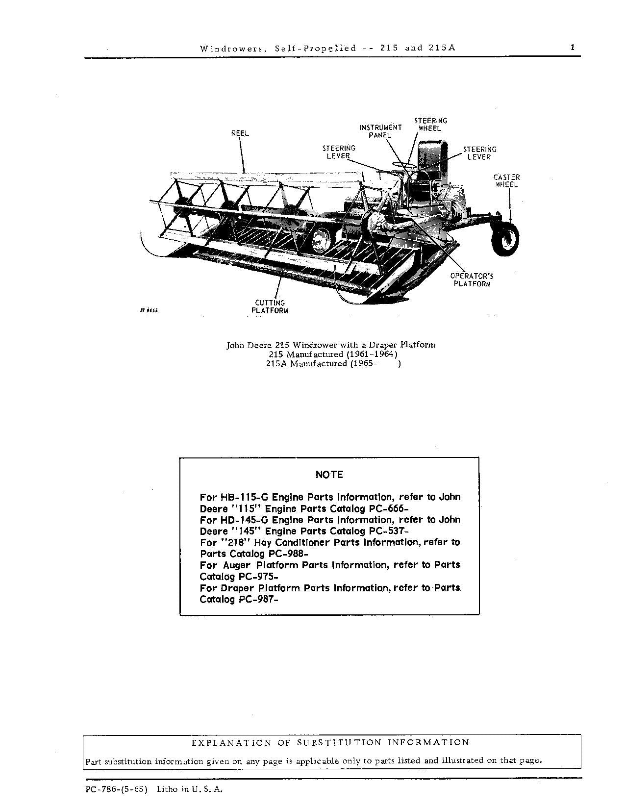 JOHN DEERE 215 215A 4425 WINDROWER PARTS CATALOG MANUAL