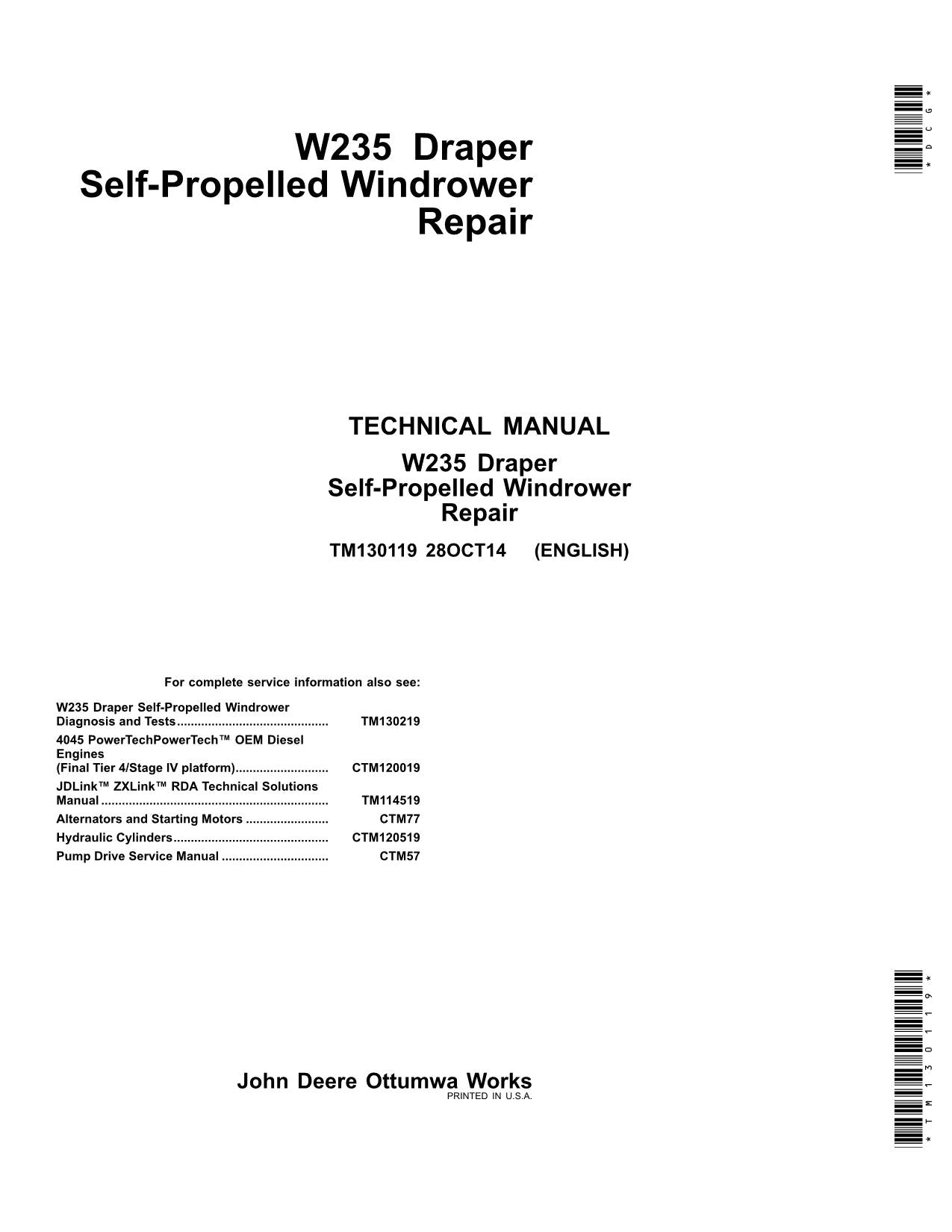 JOHN DEERE W235 WINDROWER REPAIR SERVICE MANUAL