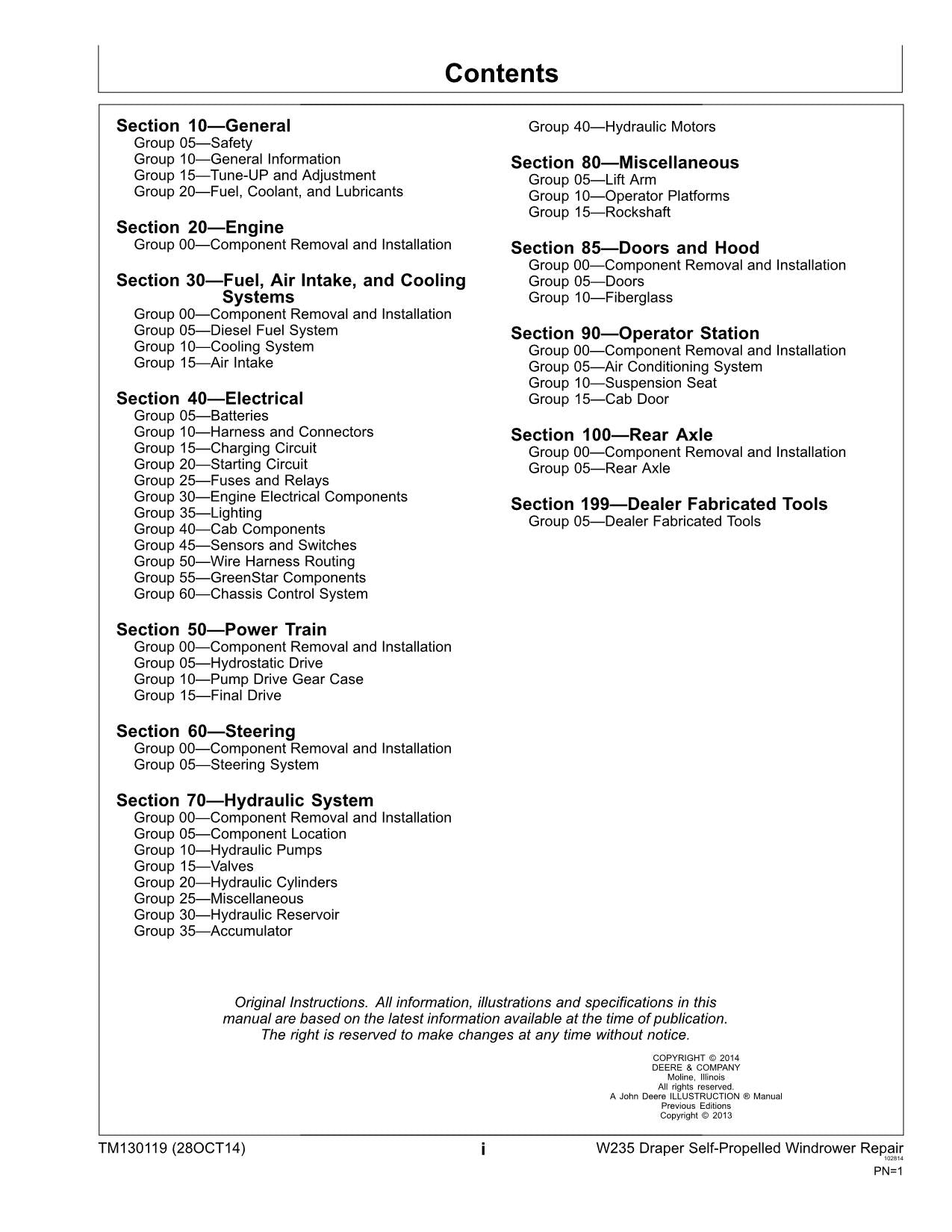 JOHN DEERE W235 WINDROWER REPAIR SERVICE MANUAL