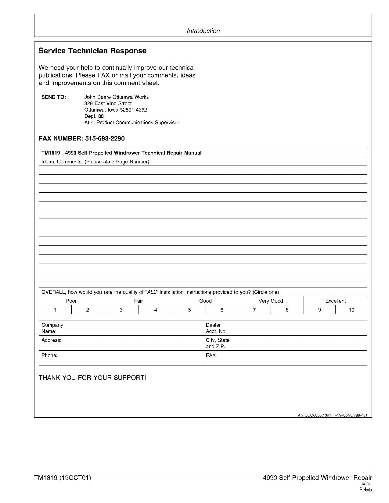 JOHN DEERE 4990 WINDROWER REPAIR SERVICE MANUAL