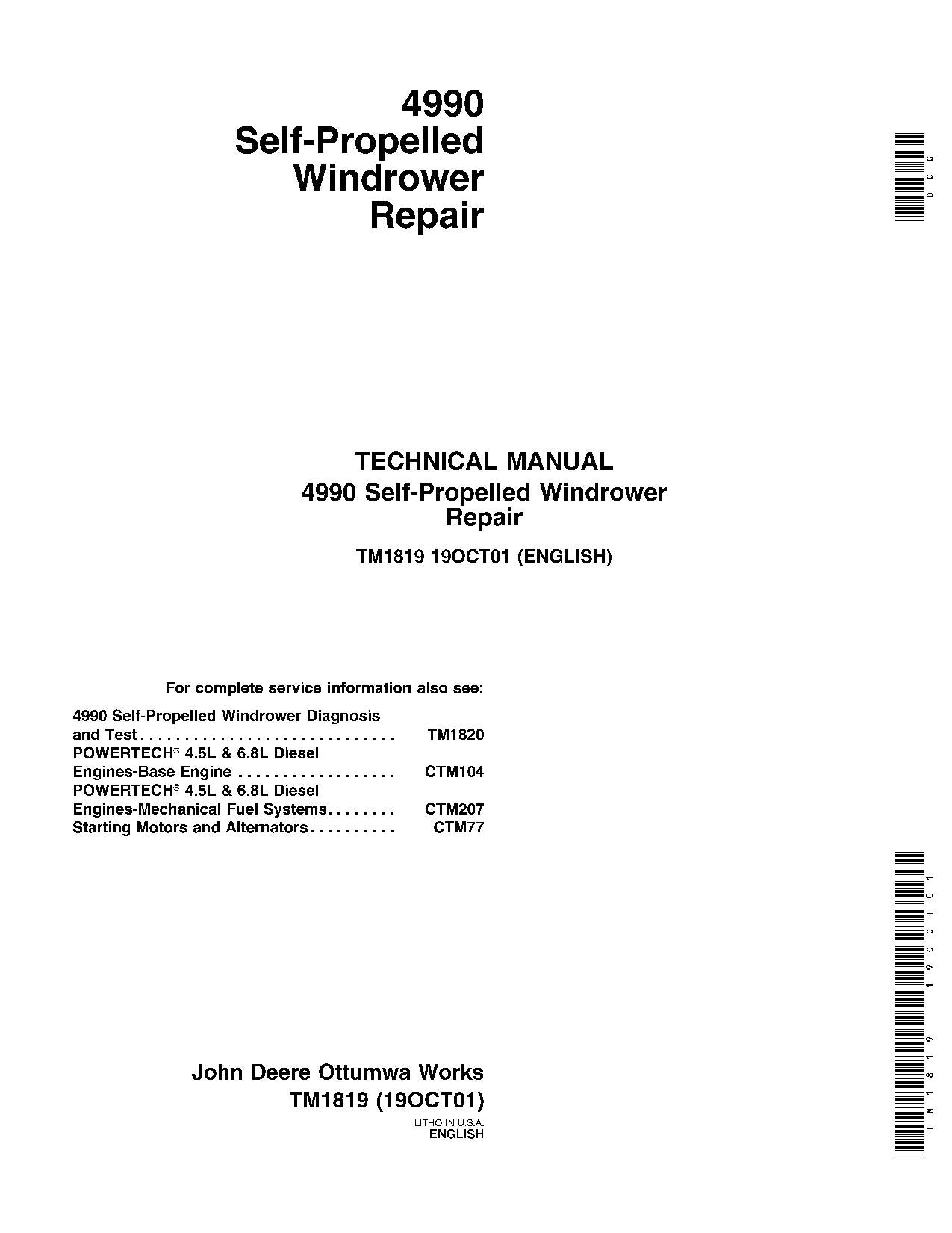 JOHN DEERE 4990 WINDROWER REPAIR SERVICE MANUAL