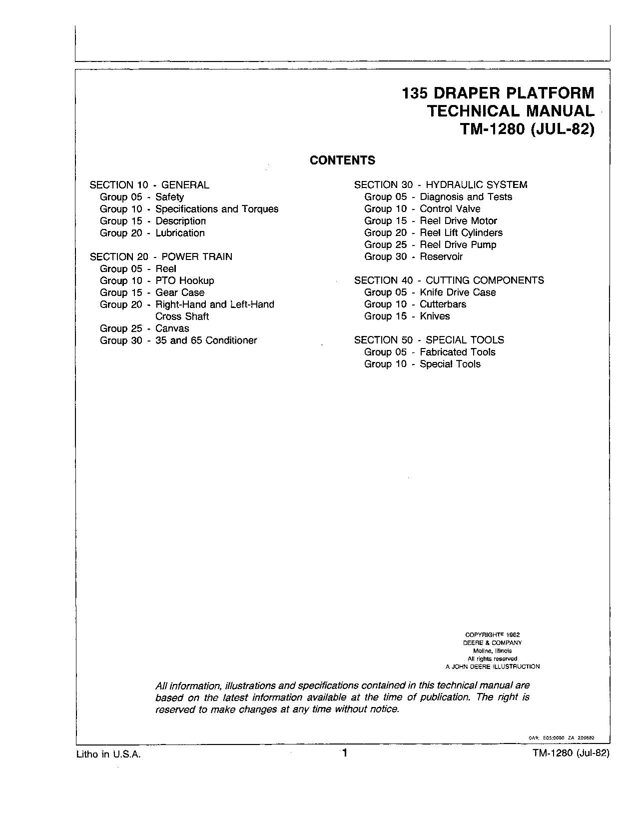 JOHN DEERE 135 WINDROWER SERVICE MANUAL #1