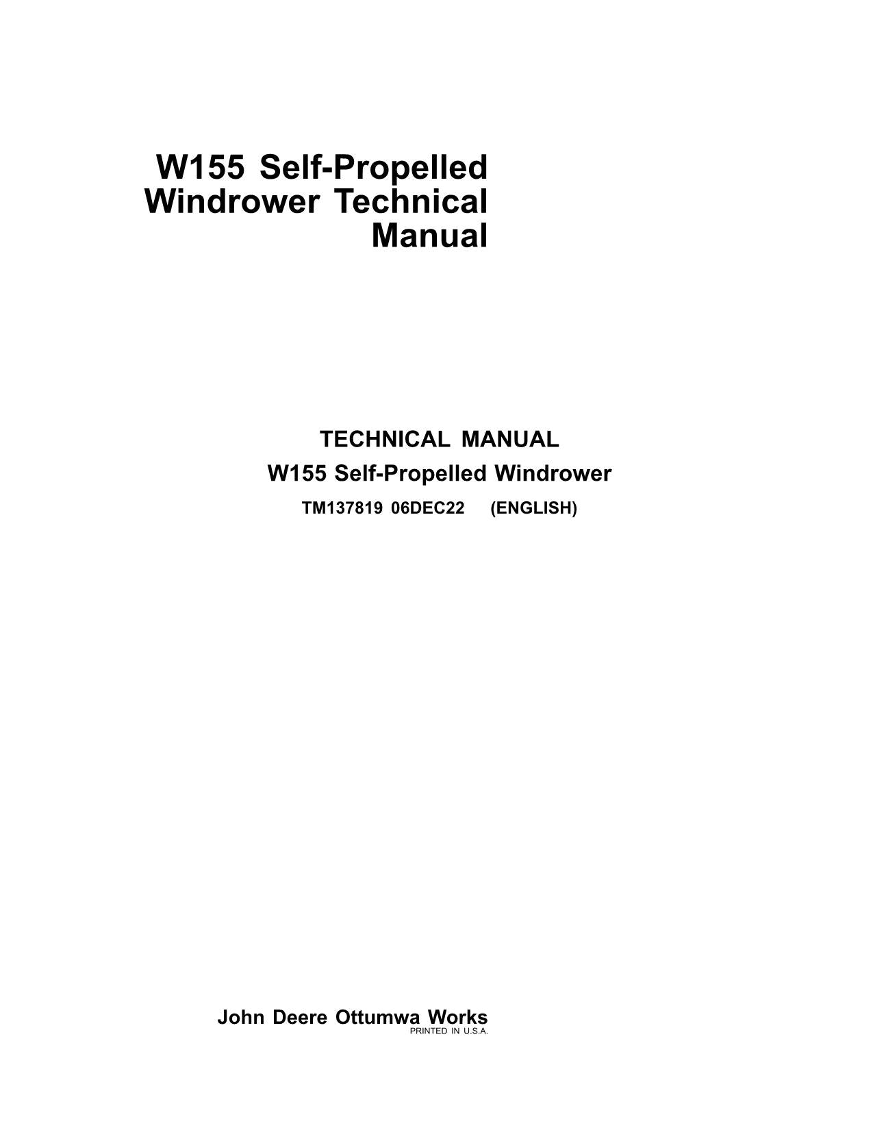 JOHN DEERE W155 WINDROWER SERVICE MANUAL