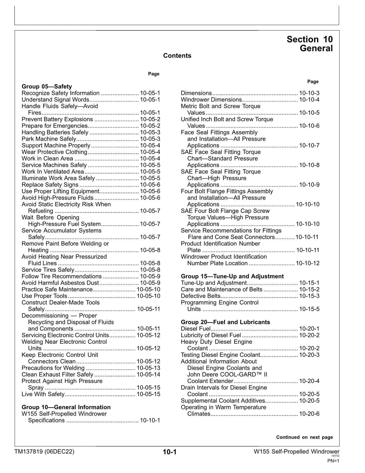 JOHN DEERE W155 WINDROWER SERVICE MANUAL