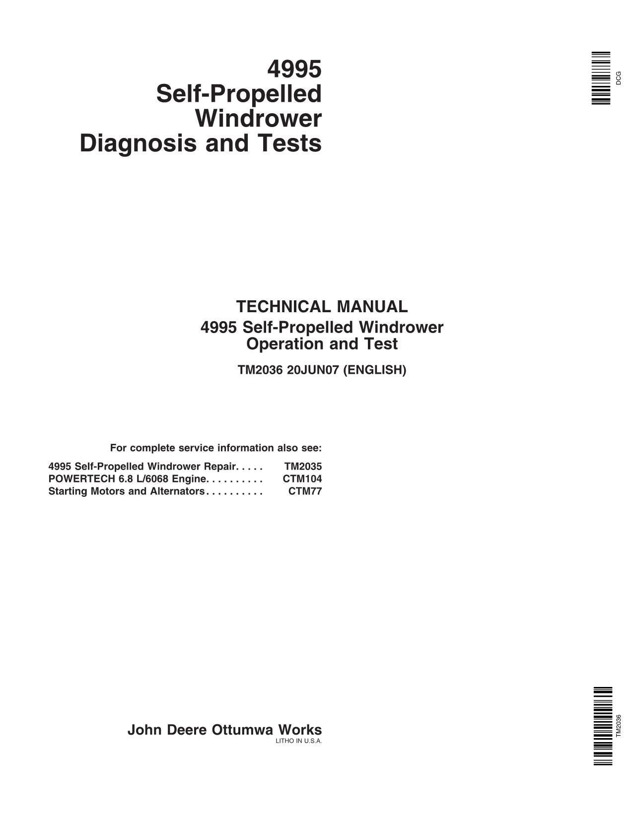 JOHN DEERE 4995 WINDROWER OPERATION TEST SERVICE MANUAL